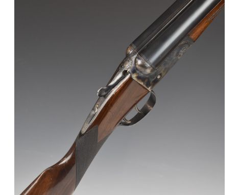 AYA No.4 12 bore side by side shotgun with named and engraved locks, chequered grip and forend, double trigger and 28 inch ba