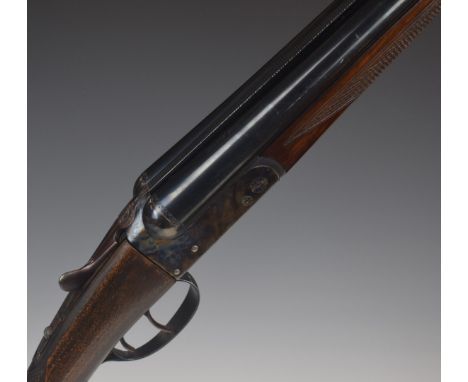 The Basque 20 bore side by side shotgun with chequered grip and forend, double trigger and 26 inch barrels, overall length 10