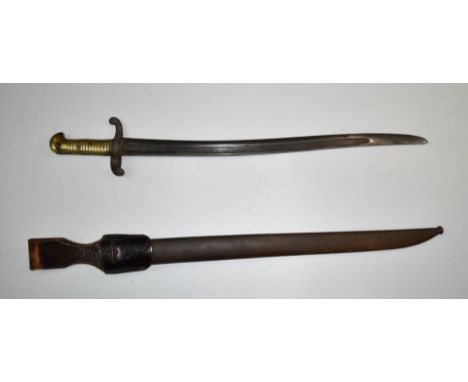 French 1842 bayonet with 55cm yataghan blade, scabbard and frog.&nbsp;PLEASE NOTE ALL BLADED ITEMS ARE SUBJECT TO OVER 18 CHE