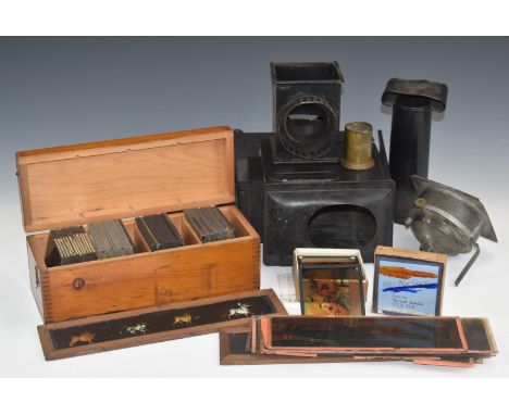 Magic lantern with slides to include longer examples and wooden boxed examples including educational, most coloured