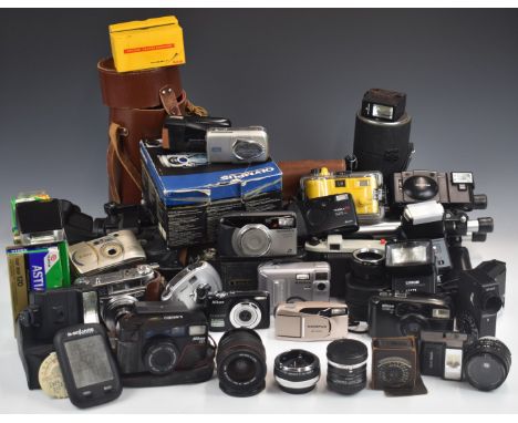 Cameras and accessories to include Manfrotto 055 tripod, Kodak Retinette 1B, Kodak folding cameras, Nikon L35 AF 2, digital c