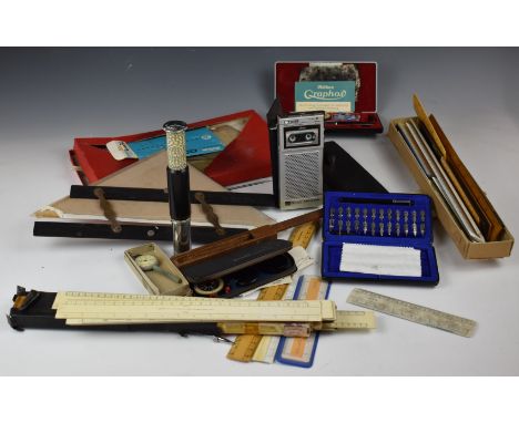 Draughtsman's instruments to include Otis King spiral slide rule, scale rules, Pelikan Graphos G2 and Sharp RD-100 pocket rec