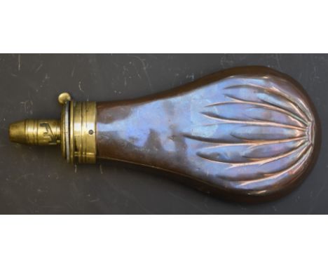 Sykes copper and brass powder flask with embossed leaf decoration to both sides, 18cm long.&nbsp;