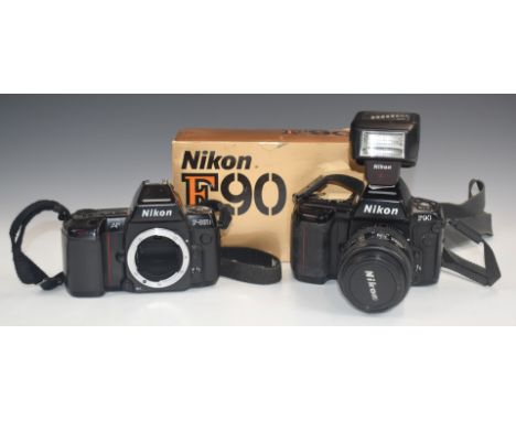 Nikon F90 35mm SLR camera with SB-23 speedlight flash gun and Nikkor 28-70mm 1:3.5-4.5D lens, together with a Nikon F-801S SL