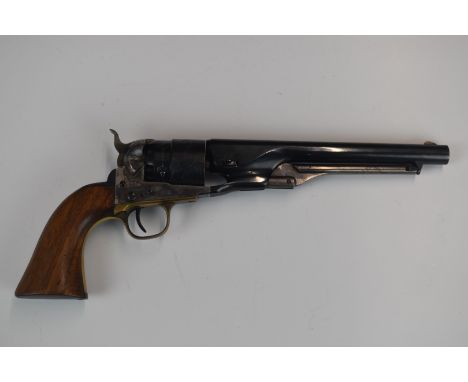Armi San Marco Colt style .44 revolver with engraved with scenes of ships to the cylinder, brass trigger guard, shaped wooden