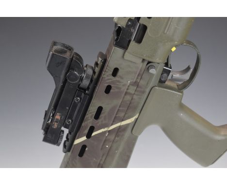 A&amp;K MG 5.56mm Light Support L86 electric airsoft gun with pistol grip, sling mounts and red dot sight, serial number UN92