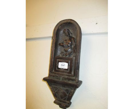 Antique Italian carved walnut figure of Christ fitted to a small wall bracket, carved wooden and gilded candlestick and a pen