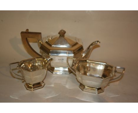 Sheffield silver three piece tea service of irregular octagonal baluster form