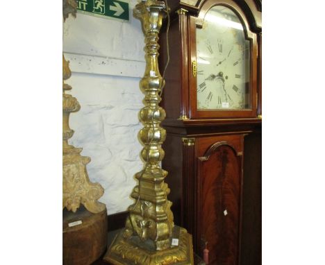 17th Century painted and ghesso baluster form candle stand adapted for use as a lamp on an associated hexagonal carved and gi