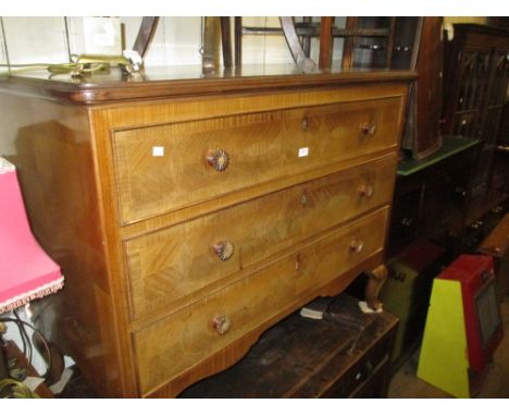 French mahogany line inlaid and crossbanded three drawer commode chest with turned knob handles raised on carved cabriole sup