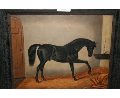 19th Century oil on panel, study of a black horse in a stable, 9ins x 11ins, oak framed