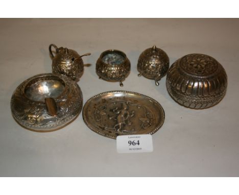 Burmese silver three piece condiment set, trinket dish, ashtray and a circular box and cover