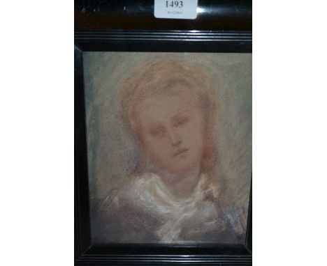 Pre-Raphaelite style watercolour, head and shoulder portrait of a lady, ebonised framed, 8.5ins x 6.5ins