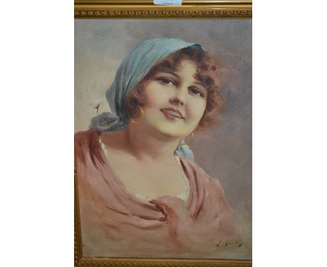 20th Century Italian school, oil on canvas, head and shoulder portrait of a lady with blue head scarf and hoop earrings, indi