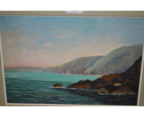 Oil on panel, coastal scene with distant sailing boats off the coast, unsigned, 9ins x 13ins
