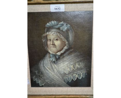 19th Century German school, oil on canvas, portrait of a lady wearing a lace dress and bonnet, unsigned, 10ins x 7ins in a ca