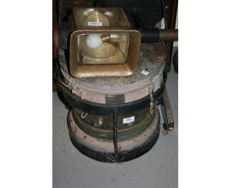 Large early 20th Century brass cased ships lamp in iron mounting bracket, together with a 19th Century coaching lamp and a br