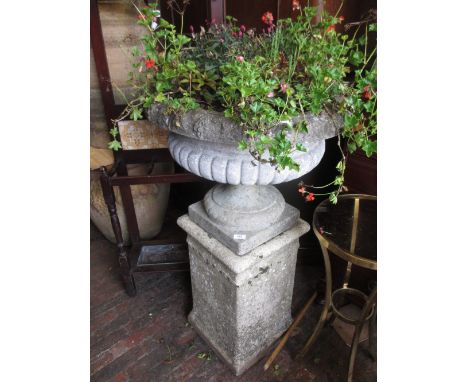 Reconstituted stone garden planter with detachable pedestal and plinth