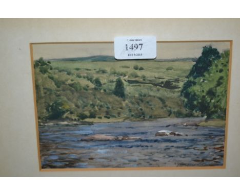 Norman Wilkinson, signed watercolour and body colour, river landscape, inscribed verso ' The Tay at Grantully ', 5ins x 7ins