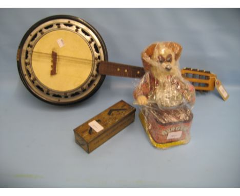 Banjo ukelele, tin plate battery operated Burger Chef automaton together with a cased set of dominoes