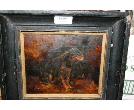 19th Century oil on oak panel, portrait of a dog seated by an open fire, 5.5ins x 7ins