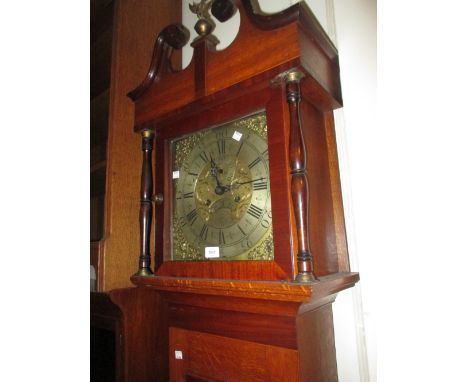 George III oak longcase clock, the square hood with swan neck pediment and flanking pilasters above a rectangular panel door 