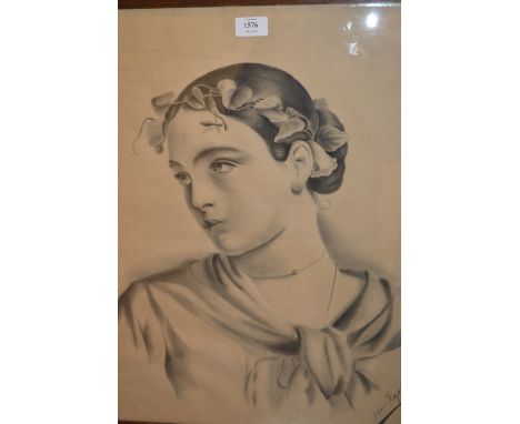 Josephine Papoin, head and shoulder charcoal portrait of a young lady wearing a garland, oak framed, signed, 22ins x 17ins