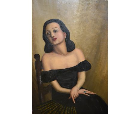 Modern British school, oil on canvas, portrait of a seated lady wearing evening dress and holding a fan, signed Galloway, dat