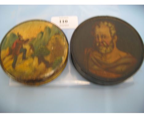 19th Century papier mache circular snuff box, painted with a portrait of Diogenes, together with another, painted with a hunt
