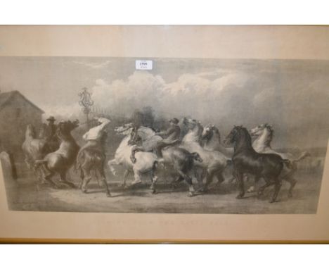 Large framed engraving ' Coming from the Horse Fair ' after Bonheur together with a framed vintage Shampoo advertising poster