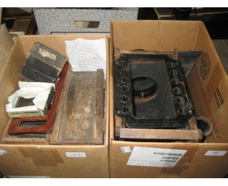 Mahogany and brass cased magic lantern (a/f) together with a box containing a quantity of various lantern slides