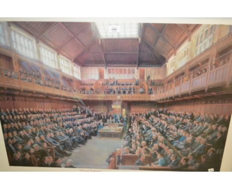 June Mendoza, artist signed coloured print, the House of Commons in session, July 1986, with Margaret Thatcher at the despatc