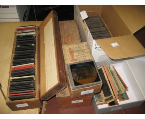 Two pine cased quantities of various lantern slides and a box containing a quantity of various other lantern slides, includin