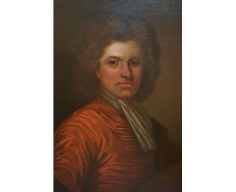 Attributed to Michael Dahl, oil on canvas, portrait of a gentleman wearing a red tunic, 30ins x 25ins approximately, in a mou