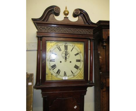 Early 19th Century mahogany longcase clock, the square hood with swan neck pediment and blind fretwork decoration above a sha