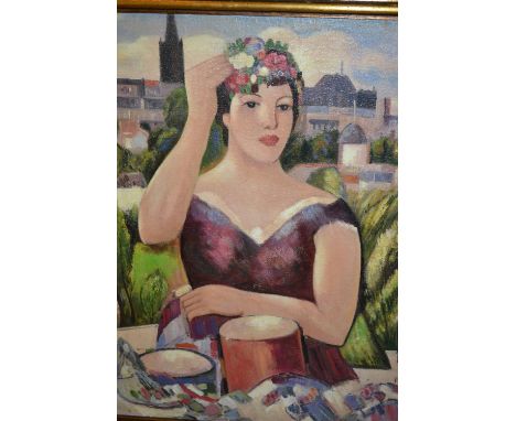 Modern oil on board, portrait of a girl wearing a floral headdress with a church and other buildings beyond, signed with the 