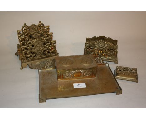 Brass desk inkwell and various other letter trays etc