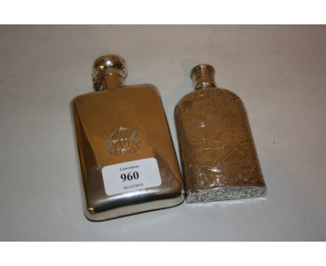 19th Century Birmingham silver hip flask with engraved decoration together with a similar plain silver hip flask