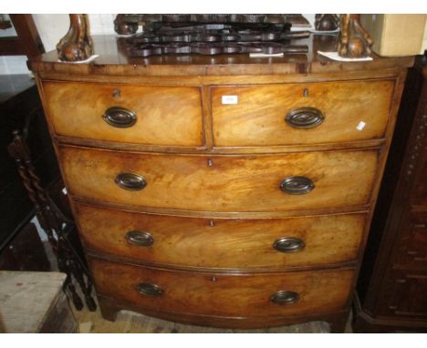 19th Century mahogany bow front chest of two short and three long graduated drawers with oval brass handles and bracket feet