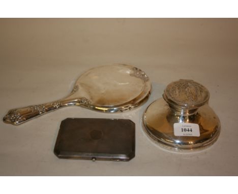 Silver capstan inkwell (a/f), silver cigarette case and a silver mounted hand mirror