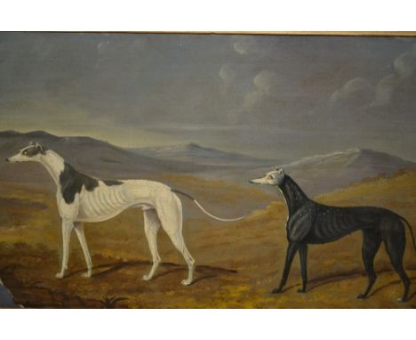 19th Century English naive school, oil on card, portrait of two greyhounds in a landscape, 12ins x 18ins, gilt framed (slight