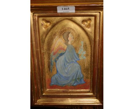 Tempera painting on gilt ground panel, portrait of a saint, Gothic design frame