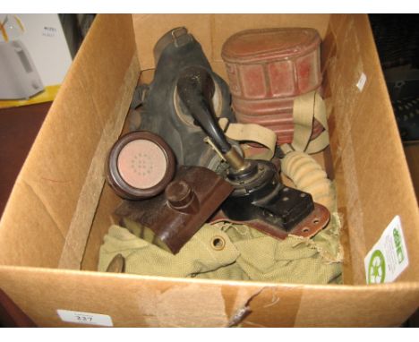 G.E.C. Bakelite loud speaker, chrome car horn (a/f), a transmitter Breast No. 1 and a mid 20th Century gas mask