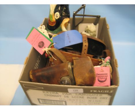 Early J.H. Steward Orilux lamp, cased pair of binoculars, a Dartmouth pottery fish jug and a quantity of other miscellaneous 