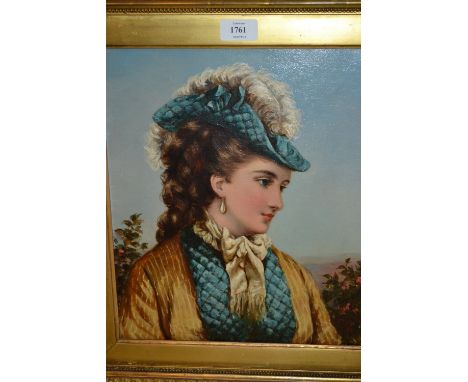 A. Renshaw, 19th Century oil on canvas, head and shoulder portrait of a young lady wearing a feathered hat, signed in contemp
