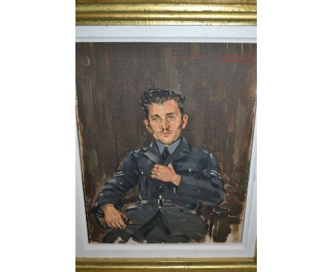 Donald G. Midgley, signed oil, portrait of a seated gentleman in R.A.F. uniform, 11ins x 9ins