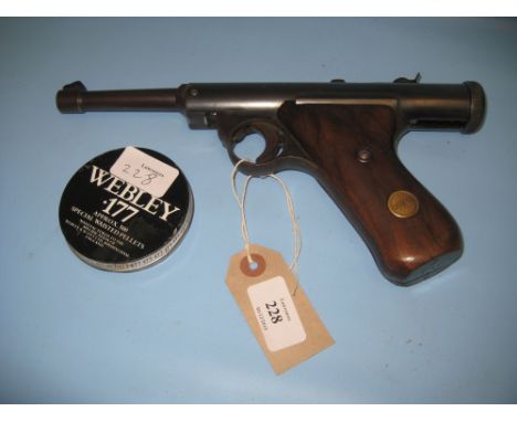 Haenel mahogany handled air pistol, model 28, pattern no. 277265DRP, with a box of .177 Webley pellets