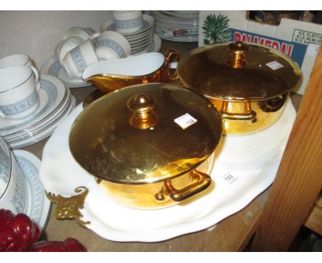 Royal Crown Derby oval white porcelain tray with gilded handles, together with two Royal Worcester gold decorated tureens and