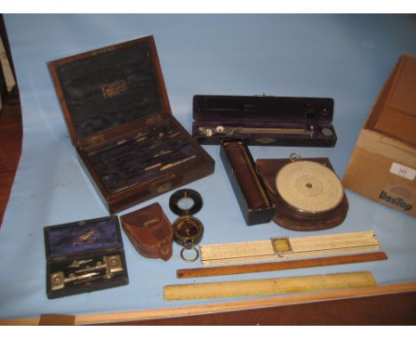 Collection of miscellaneous drawing instruments, military pocket compass etc