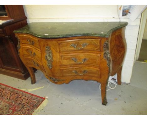 Large reproduction French walnut and ormolu mounted commode chest having green flecked marble top above six short drawers